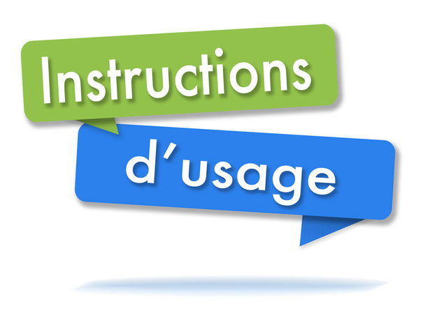 Instrucciones de uso en dos burbujas de color verde y azul y el idioma francés
 - Foto, imagen
