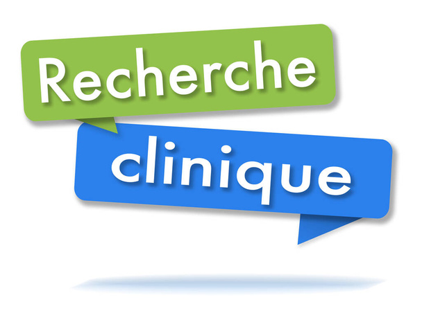 İki renkli yeşil ve mavi konuşma baloncuğu ve Fransızca dilinde klinik araştırma - Fotoğraf, Görsel