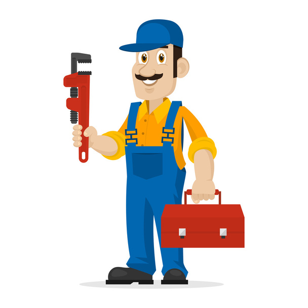 Plumber holds an adjustable spanner and suitcase - Vector, Image