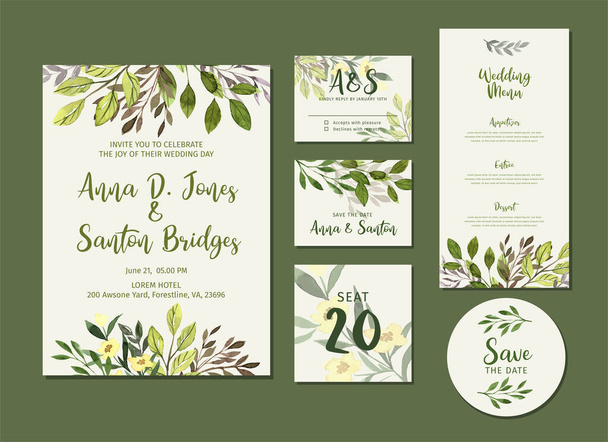 Aquarel groen bruiloft stationaire kit, uitnodiging en menu - Vector, afbeelding