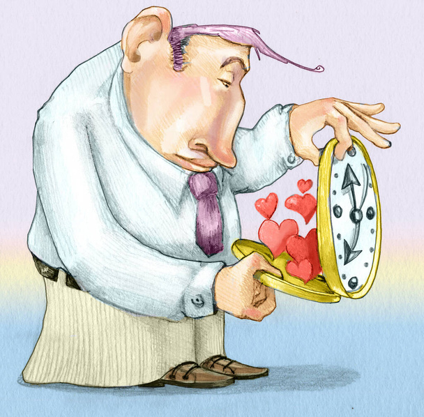 hombre abre un reloj del que salen corazones alegoría de tiempo importante que llenamos de sentimientos
 - Foto, imagen