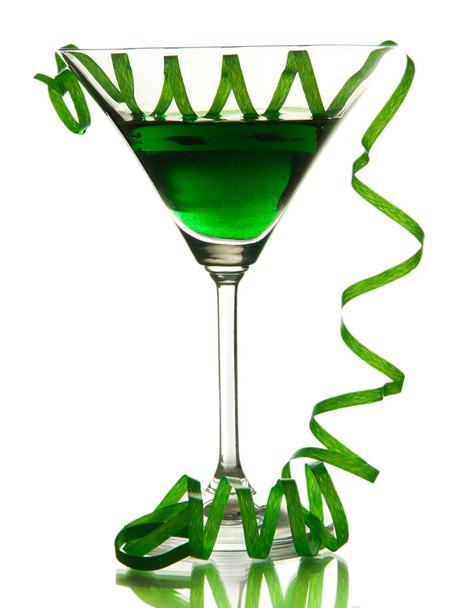 Glass of cocktail and streamer after party isolated on white - Foto, Imagem