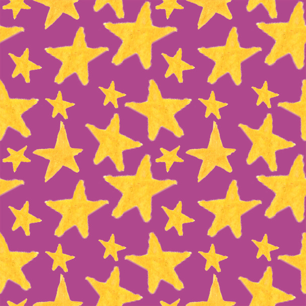 Hand drawn watercolor yellow stars on a pink background - Φωτογραφία, εικόνα
