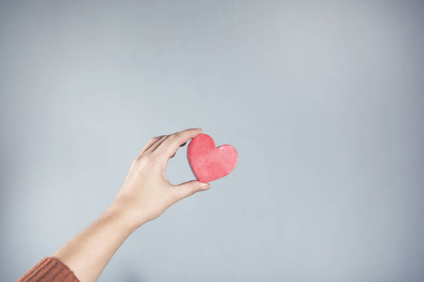 woman hand holding heart on gray background - 写真・画像