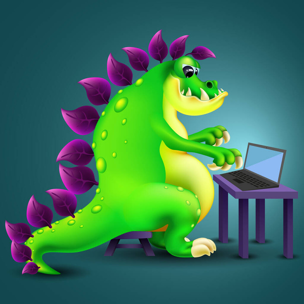 divertido dinosaurio verde de dibujos animados sentarse con el ordenador portátil sobre fondo oscuro. ilustración vectorial
 - Vector, Imagen