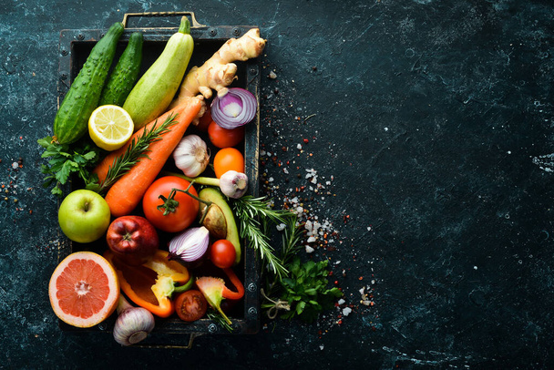 Fresh vegetables and fruits in wooden box. Organic food. - Fotó, kép