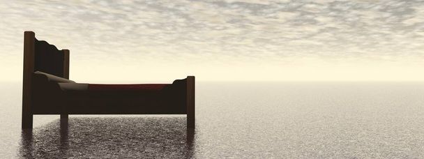 кровать и сон в середине океана - 3D рендеринг
 - Фото, изображение