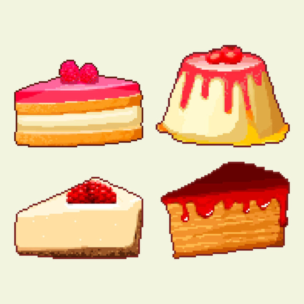 Een set pixeltaarten. Vector Illustratie van pixelpice van cakes. Pixelkunst 8 bit.  - Vector, afbeelding