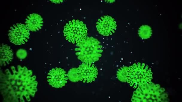 Virusinfectie visualisatie. Coronavirus 2019-ncov pathogeen cellen in geïnfecteerde mensen weergegeven als roze gekleurde bolvormige micro-organismen op een zwarte achtergrond. Geanimeerde 3d rendering close-up 4k video. - Video