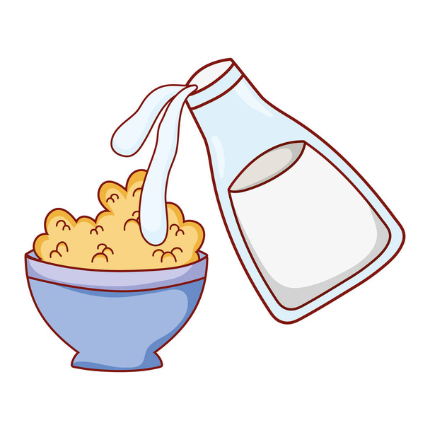 πρωινό γάλα ρίχνει σε μπολ δημητριακών κινουμένων σχεδίων απομονωμένο εικονίδιο - Διάνυσμα, εικόνα