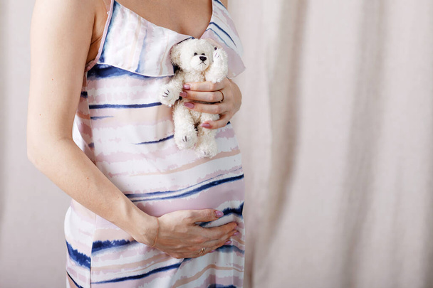 Pregnancy concept. Pregnant woman holding teddy bear toy in his hand. Emotional loving moment in pregnancy time. Baby expectation. Copy space - Foto, immagini