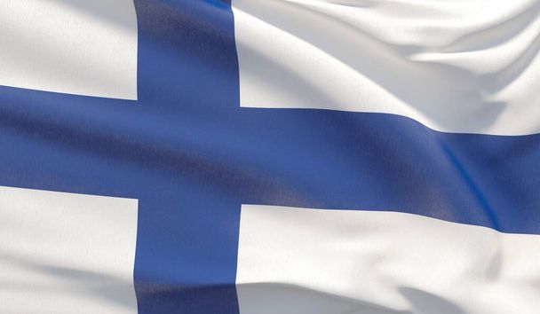 Waving national flag of Finland. Waved highly detailed close-up 3D render. - Photo, Image