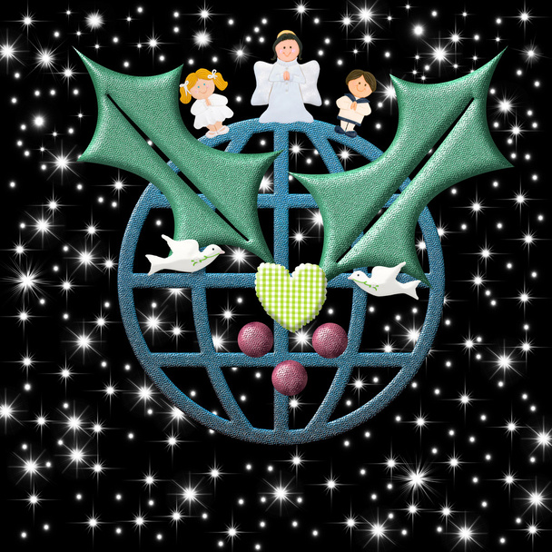Tarjeta de Navidad, tierra con símbolos de paz Ángel de Navidad y ch
 - Foto, imagen
