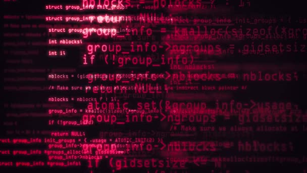 Οι κόκκινοι φραγμοί του αφηρημένου κώδικα προγράμματος γράφονται και μετακινούνται στον εικονικό χώρο. Κινούμενα σχέδια ροής δεδομένων. ΙΤ, ανάπτυξη λογισμικού και hacking έννοια. κρυπτογραφημένος κωδικός ασφαλείας - Πλάνα, βίντεο