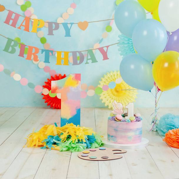 First birthday smash the cake. Festive background decoration for birthday with cake, Cake Smash first year concept. birthday greetings. colorful ballons - Photo, Image