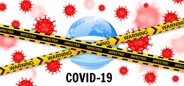 Earth globe in a medical mask with viruses and caution barrier tapes. Dangerous pandemic COVID-19 coronavirus outbreak. Vector illustration - Vector, Image