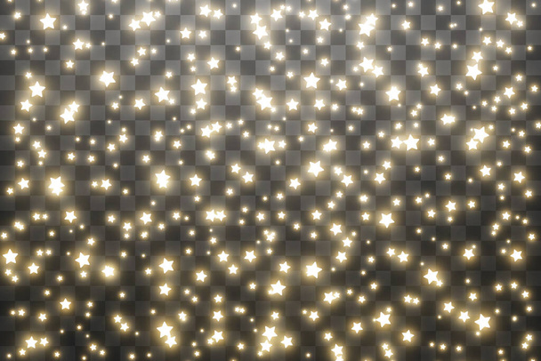 塵が火花を散らし、金色の星が特別な光で輝きます。ベクトルは透明な背景に輝きます。クリスマスライト効果。輝く魔法の塵粒子. - ベクター画像
