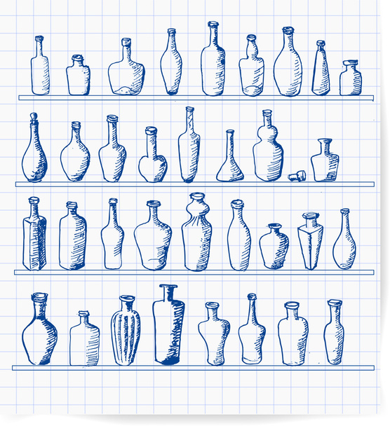 Old bottles collection on lined paper. - Вектор,изображение