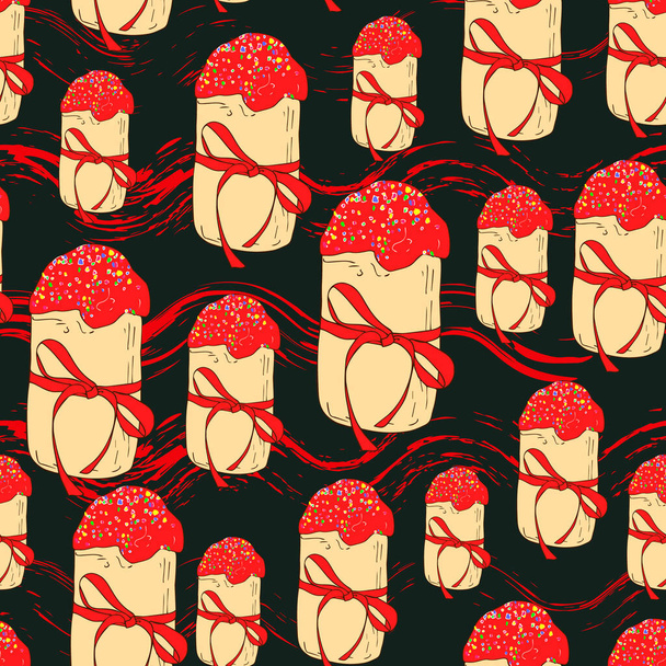 Счастливая Пасха бесшовные фоновые рисованные пасхальные торты с красной глазурью посыпать гранулярно изолированы на черном. Идеально подходит для оформления ткани, упаковки, упаковочных материалов, веб-баннера. Вектор
 - Вектор,изображение