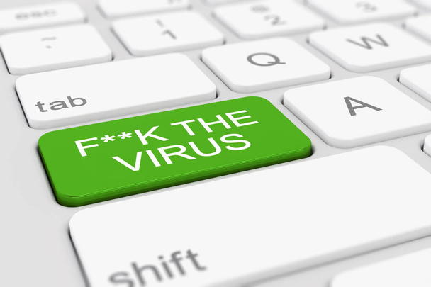 3D-Rendering einer Tastatur mit grüner Taste und der Meldung f--k das Virus - Coronavirus - Foto, Bild