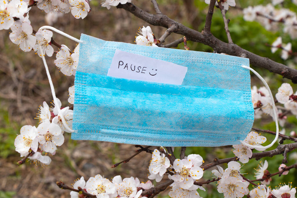 Het Engelse woord pauze op een laken ligt op een medisch masker dat in het voorjaar op abrikozentakken hangt. - Foto, afbeelding