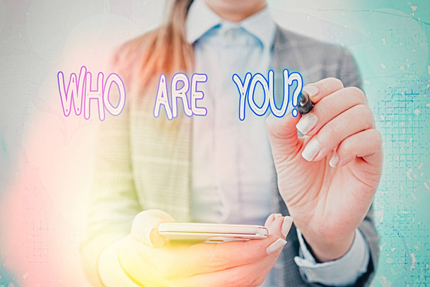 Text sign showing Who Are You Question. Conceptual photo asking a demonstrating identity or personal information. - Photo, Image