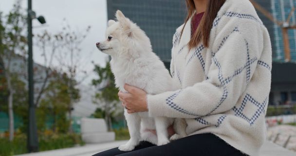 Woman cuddle her dog at outdoor - Foto, Imagen