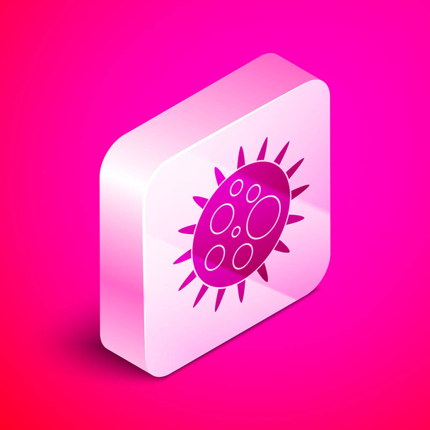 Isometryczna ikona wirusa izolowana na różowym tle. Wirus Corona 2019-nCoV. Bakterie i zarazki, rak komórek, mikrob, grzyby. Srebrny przycisk. Ilustracja wektora - Wektor, obraz