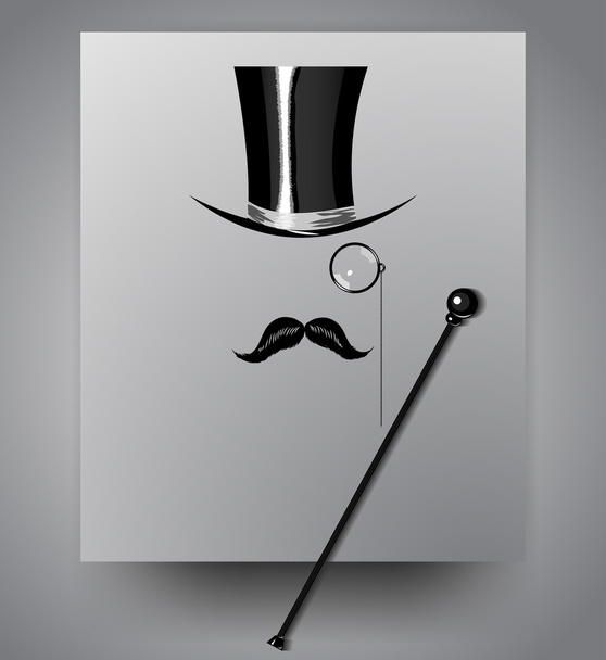 Cylinder, moustache, monocle and cane - Vector, Imagen