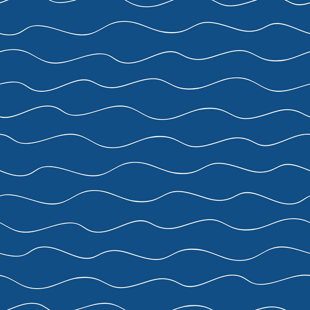 Vector abstract hand drawn doodle ocean waves. Seamless hand drawn pattern on navy blue background. Uneven line backdrop. All over print for marine, nautical, summer beach resort vacation concept. - Вектор,изображение