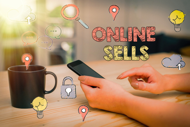 Çevrimiçi satışları gösteren metin işareti. Kavramsal fotoğraf satıcıları internet üzerinden doğrudan mal veya hizmet satarlar. - Fotoğraf, Görsel
