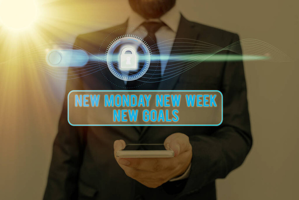 Texto de escritura de palabras New Monday New Week New Goals. Concepto de negocio para el fin de semana de despedida empezando nuevos objetivos
. - Foto, imagen