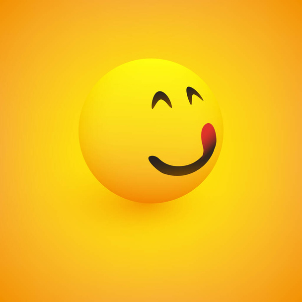 3D Smiling Mounth Licking Face, View from Side - Simple Happy Emoticon on Yellow Background - Vector Design - Vecteur, image