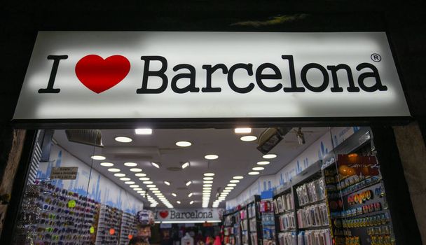 Мені подобається Барселона (Іспанія) - сувенірна картка з бутіком і магазин підписів. - Фото, зображення