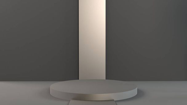 Silberner Sockel des Plattformdisplays mit luxuriösem Standpodest auf weißem Raumhintergrund. Leere Ausstellung oder leeres Warenregal. 3D-Rendering. - Foto, Bild