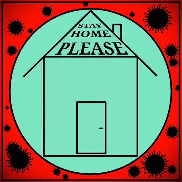 A house drawn in the style of a flat illustration. Around the house are black corona viruses. The conditions of quarantine, isolation in the house. It's been quarantined. The inscription stay at home. - Photo, Image