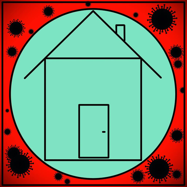 平図の様式で描かれた家。家の周りに黒いコロナウイルスがあります。隔離の条件,家の中で隔離.隔離されてる。テキストのコピースペース. - 写真・画像