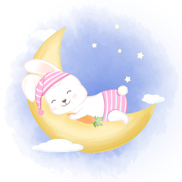 かわいい赤ちゃんウサギは月の手描きの漫画動物水彩イラストで寝て - ベクター画像