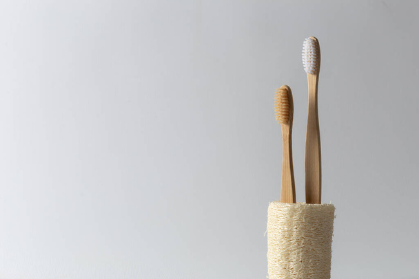 Two toothbrushes made of natural wood, one small for a child, inserted into a natural ecological loofah. On white background. - Photo, image