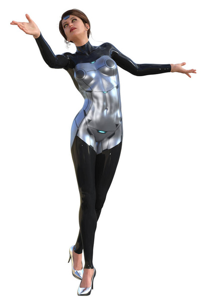 cyborg woman, futuristic pin up girl in a metallic dress, 3d illustration - Φωτογραφία, εικόνα
