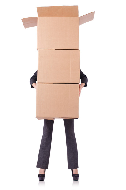 Woman businesswoman with boxes on white - 写真・画像