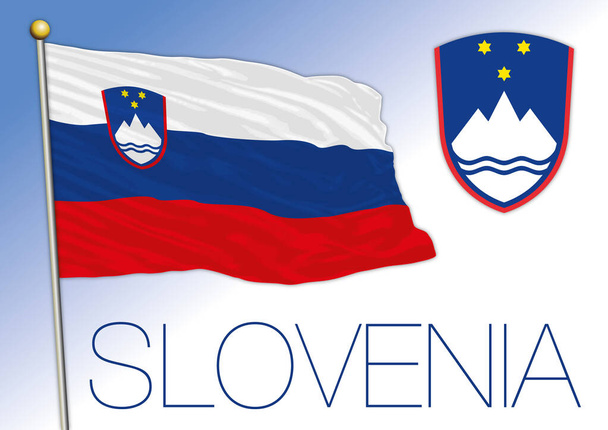 Szlovénia hivatalos nemzeti zászló és címer, Európai Unió, kórokozó-átvivő ábra - Vektor, kép