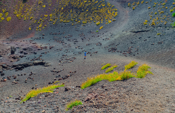 Sopka Etna, Catania, Sicílie, Itálie 21. srpna 2014 - Turisté uvnitř největšího ze silvestrijských kráterů sopky Etna hrají s přítomnými kameny. Vodorovné zobrazení. - Fotografie, Obrázek