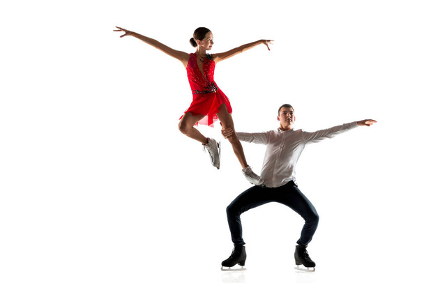 Duo figure skating isolated on white studio backgound with copyspace - Фото, изображение