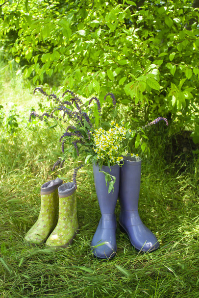 buty gumowe dla dzieci i dorosłych stoją na trawie w ogrodzie. w jednym bucie jest bukiet dzikich kwiatów - Zdjęcie, obraz