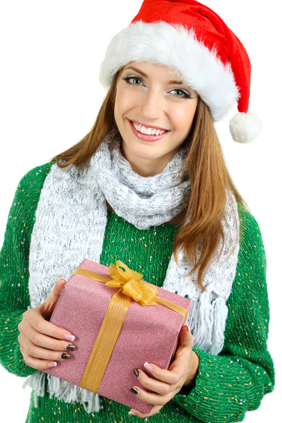 Beautiful girl in New Year hat with gift - Foto, Imagem