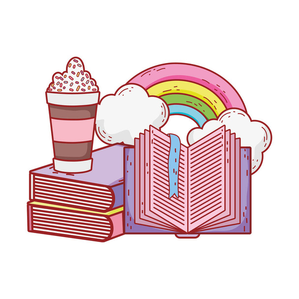 frappe livro aberto livros empilhados nuvens arco-íris desenhos animados
 - Vetor, Imagem