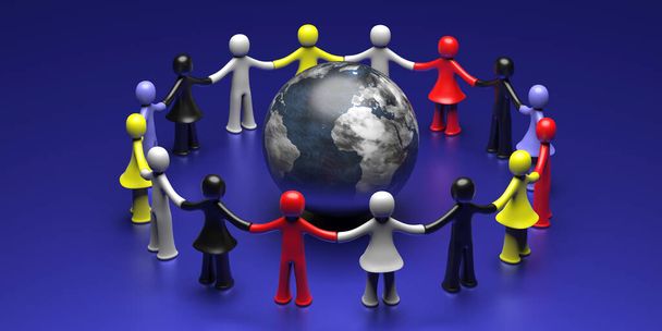 Szolidaritás elve. Színes emberi alakok fogják egymás kezét a Föld körül, kék háttér. Hagyd abba a rasszizmust, a globális közösségi támogatást. 3d illusztráció - Fotó, kép