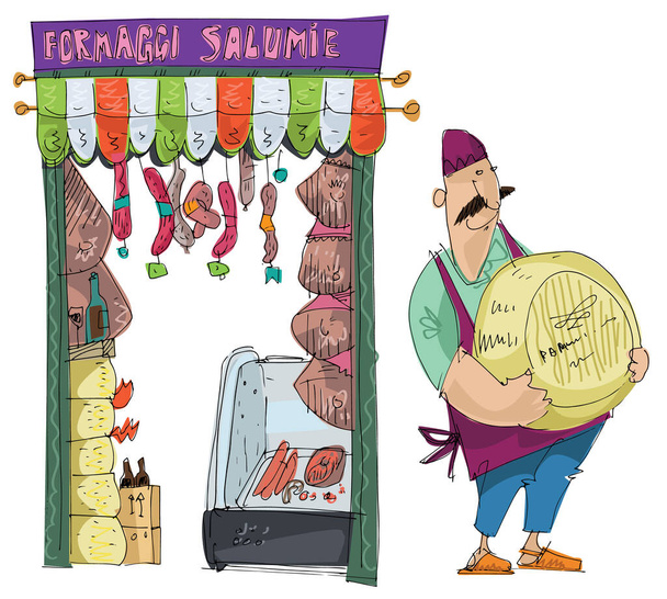 Ένας πωλητής που στέκεται μπροστά από το παραδοσιακό ιταλικό κατάστημα τροφίμων γεμάτο λουκάνικα, μπέικον, τυρί και άλλα παραδοσιακά νόστιμα. Μια πρόσοψη ενός παλαιού μανάβικου. Καρικατούρα. Γελοιογραφία. - Διάνυσμα, εικόνα