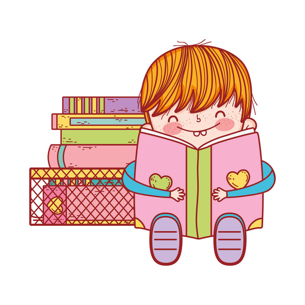 милый маленький мальчик сидит с открытой книгой и сложенными книгами
 - Вектор,изображение